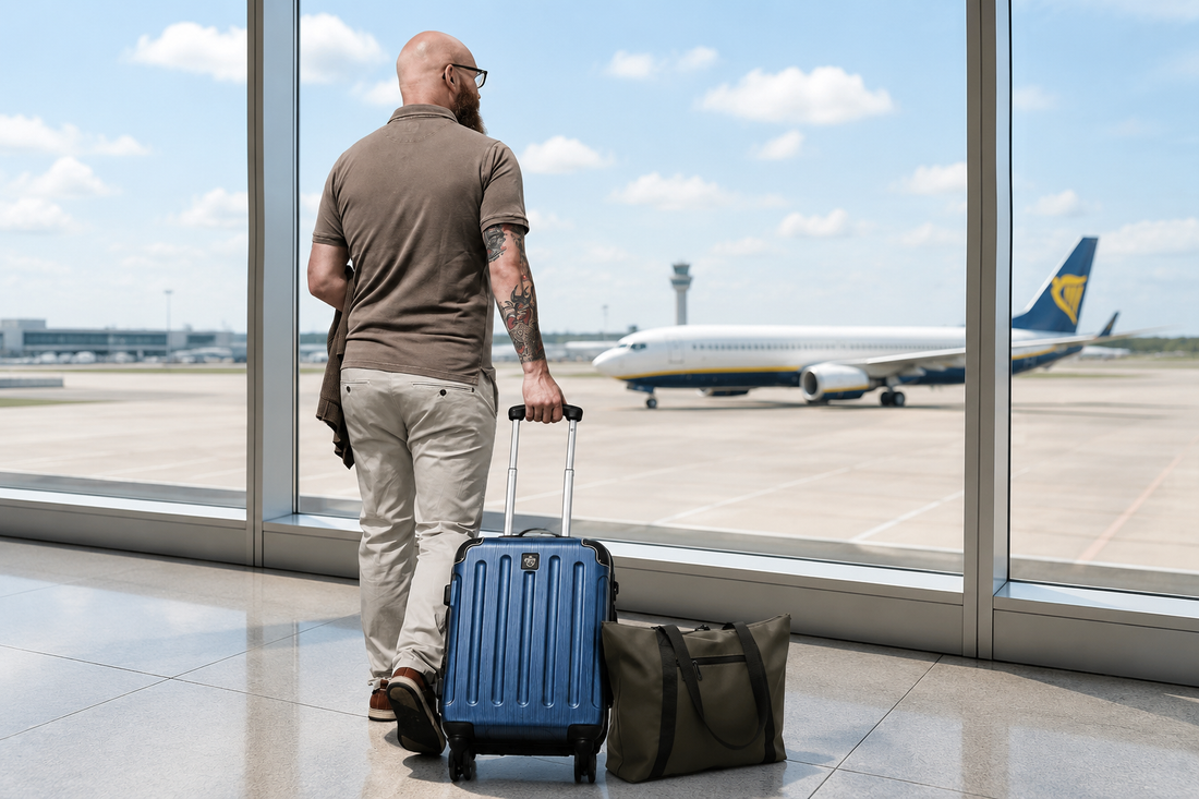 Billedet viser en mand med en kabinekuffert og en totebag der går i lufthavnen. ud af vinduet kan man se Ryanair fly